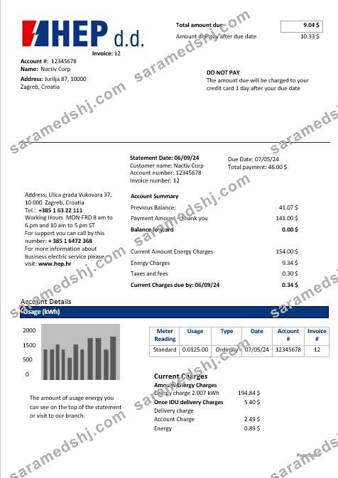 Croatia Hrvatska Elektroprivreda electricity business utility bill inword and pdf formats(2)